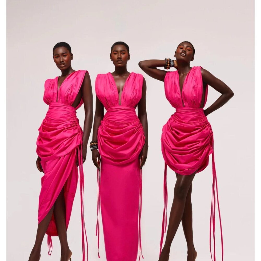Hot Pink Ruched V-Neck Evening Dress